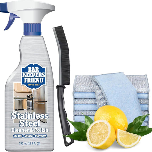 7PACK BUNDLE | Bar Keepers Friend Stainless Steel Cleaner and Polish Spray 25.4 oz Removes Oily Fingerprints, Hard Water Stains, Grime & Food Debris, 5 Microfibre Cloths, Crevice Brush