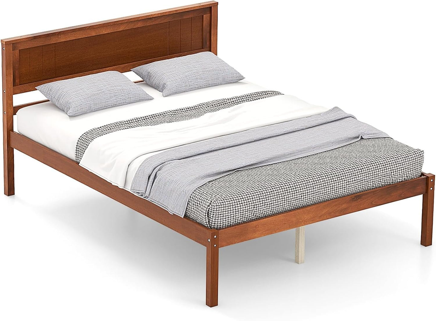 KOMFOTT Full Size Wood Platform Bed Frame with Headboard, Solid Wood Bed Frame with Slat Support, Under Bed Storage, 16” Mattress Foundation Bedroom Furniture, No Box Spring Needed (Walnut)
