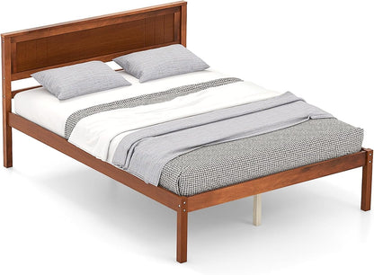KOMFOTT Full Size Wood Platform Bed Frame with Headboard, Solid Wood Bed Frame with Slat Support, Under Bed Storage, 16” Mattress Foundation Bedroom Furniture, No Box Spring Needed (Walnut)