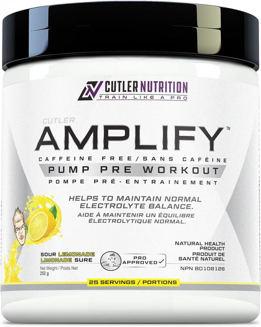Cutler Nutrition Amplify 2.0 Caffeine Free Pre Workout for Men and Women Stimulant Free Muscle Pump Enhancer with Nitrates (Arginine Nitrate), Coconut Water, and L-Citrulline, Sour Lemonade Flavor