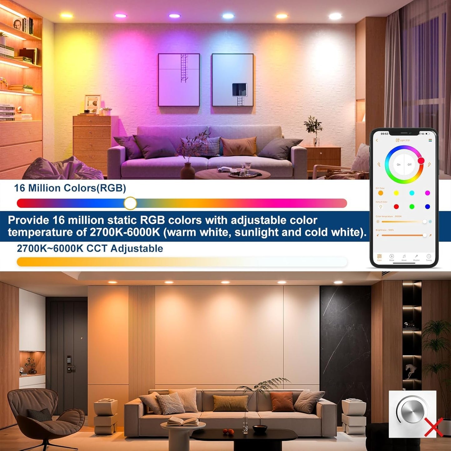 Smart Recessed Lighting 6 Inch RGBCW Color Changing 16W LED Downlight with Junction Box,1350 Lumen Recessed Ceiling Light Compatible with Alexa,Dimmable by Bluetooth Control -12Pack