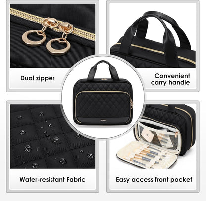 MDODO Hanging Travel Toiletry Bag for Women Traveling with Leakproof Compartment,Transparent Makeup Organizer Cosmetic Make up Bag for Full Sized Travel Accessories Essentials Must Have (Black)
