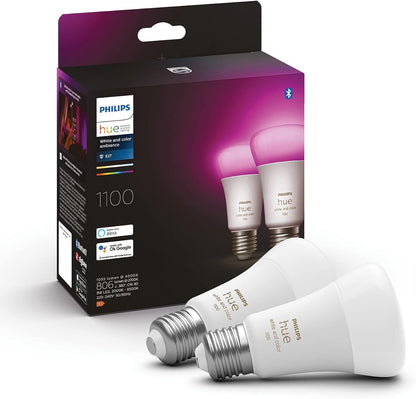 Philips Hue White and Colour Ambiance Smart Light Bulb 2 Pack 75W - 1100 Lumen [E27 Edison Screw] with Bluetooth. Compatible with Alexa, Google Assistant and Apple Homekit