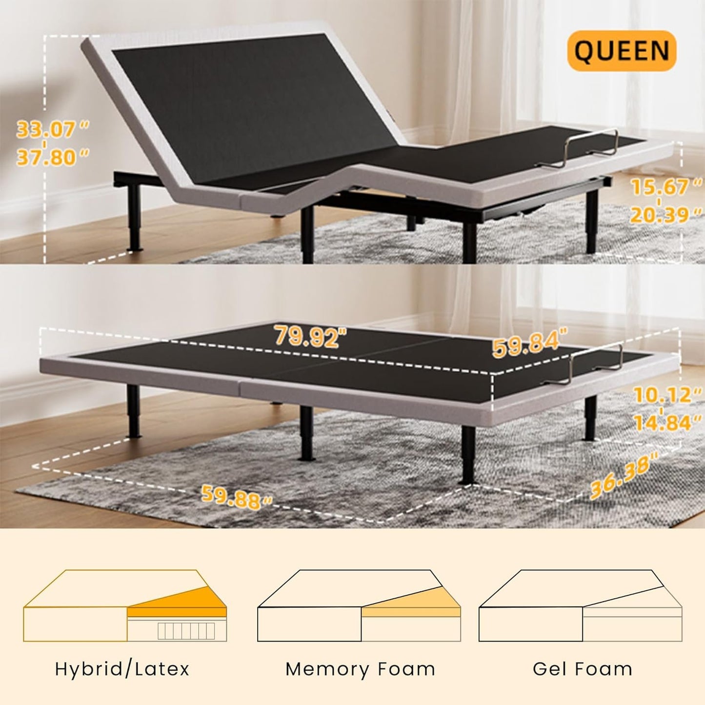 Yireehome Electric Queen Adjustable Bed Frame with Wireless Remote, Head Foot Incline, USB, Underbed Light - Heavy Duty Platform, Easy Assembly, Zero Gravity - Bedframe Basic with Quiet Motor