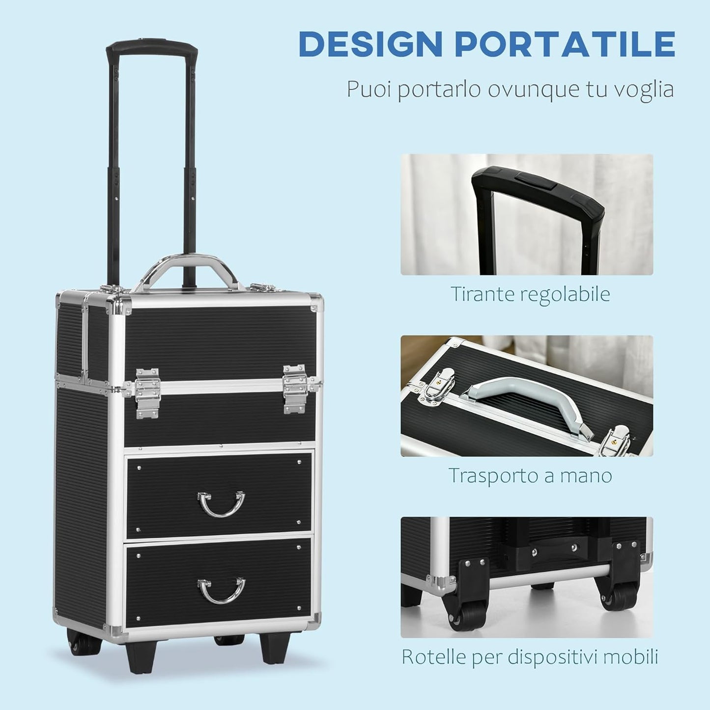 HOMCOM Professional Makeup Case, Reinforced Make Up Trolley in MDF, Aluminium and Steel, Lock with 2 Keys and Wheels, 36 x 23 x 58 cm, Black, modern