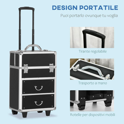 HOMCOM Professional Makeup Case, Reinforced Make Up Trolley in MDF, Aluminium and Steel, Lock with 2 Keys and Wheels, 36 x 23 x 58 cm, Black, modern