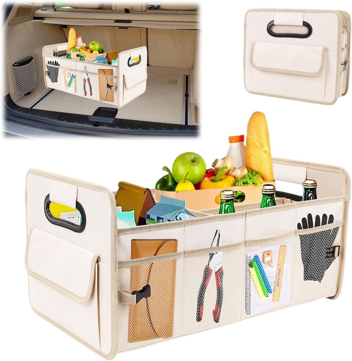Ruaizel Car Trunk Organizer, Collapsible Car Boot Storage, Water-Resistant Car Organizer, Multi Compartment Car Organiser, Boot Storage Organiser with Reinforced Handles (Beige)