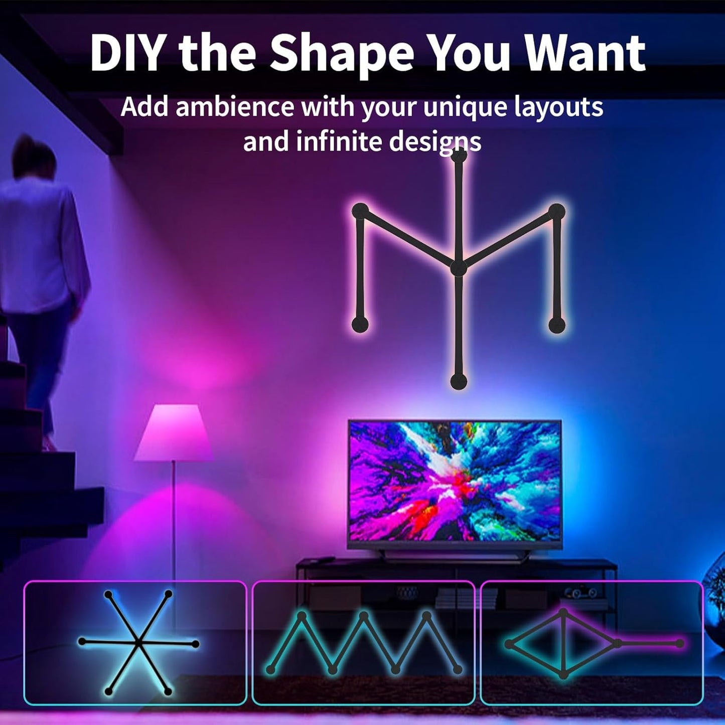 RGB Light Bar - Smart Wall Light Lines with Music Sync, Wi-Fi LED Gaming Lights with 16M+ Colors & 40+ Sence Modes, Creative Smart Light Bar for TV Backlight, Bedroom Esports Room(6 Pcs, Black)