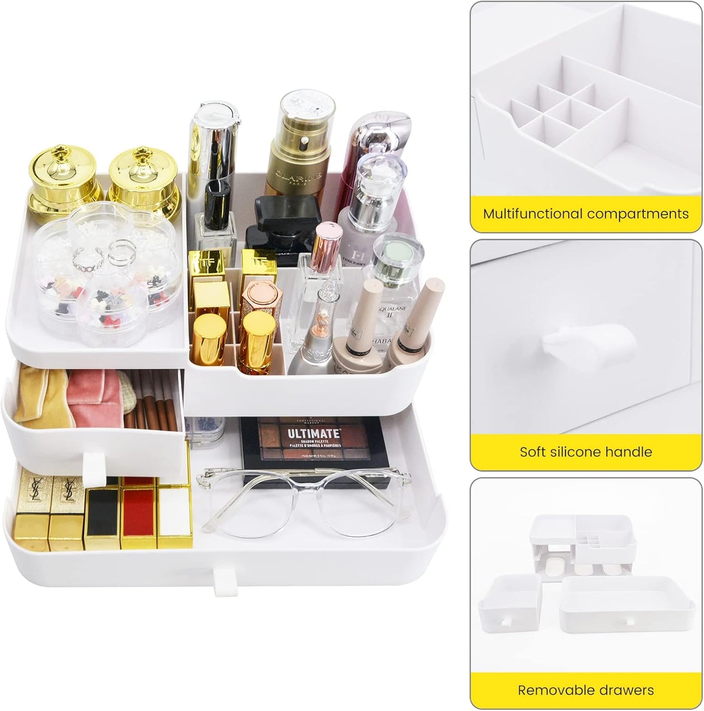 Makeup Organizer Makeup Holder Bathroom Containers for Skincare Makeup with Drawers - Large Plastic Cosmetic Organizers for Creams Brushes Women Accessories, White