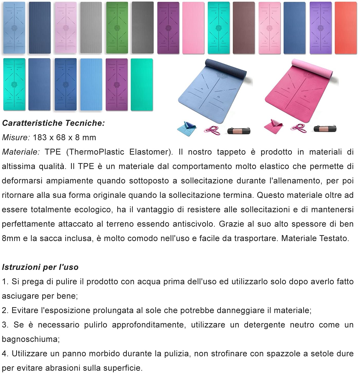 FP-TECH Yoga Mat Padded Non-Slip Fitness Pilates Gymnastics TPE Mat with Bag 183 x 68 x 0.8 cm
