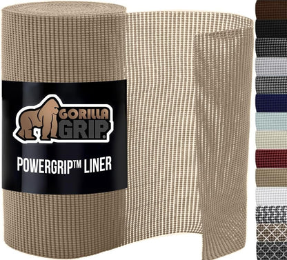GORILLA GRIP powerGRIP Drawer Shelf and Cabinet Liner, Thick Strong Hold, Non-Adhesive Liners Protect Kitchen Cabinets and Cupboard, Bathroom Drawers, Easy Install, Breathable Mat, 12" x30', Beige