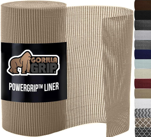 GORILLA GRIP powerGRIP Drawer Shelf and Cabinet Liner, Thick Strong Hold, Non-Adhesive Liners Protect Kitchen Cabinets and Cupboard, Bathroom Drawers, Easy Install, Breathable Mat, 12" x30', Beige
