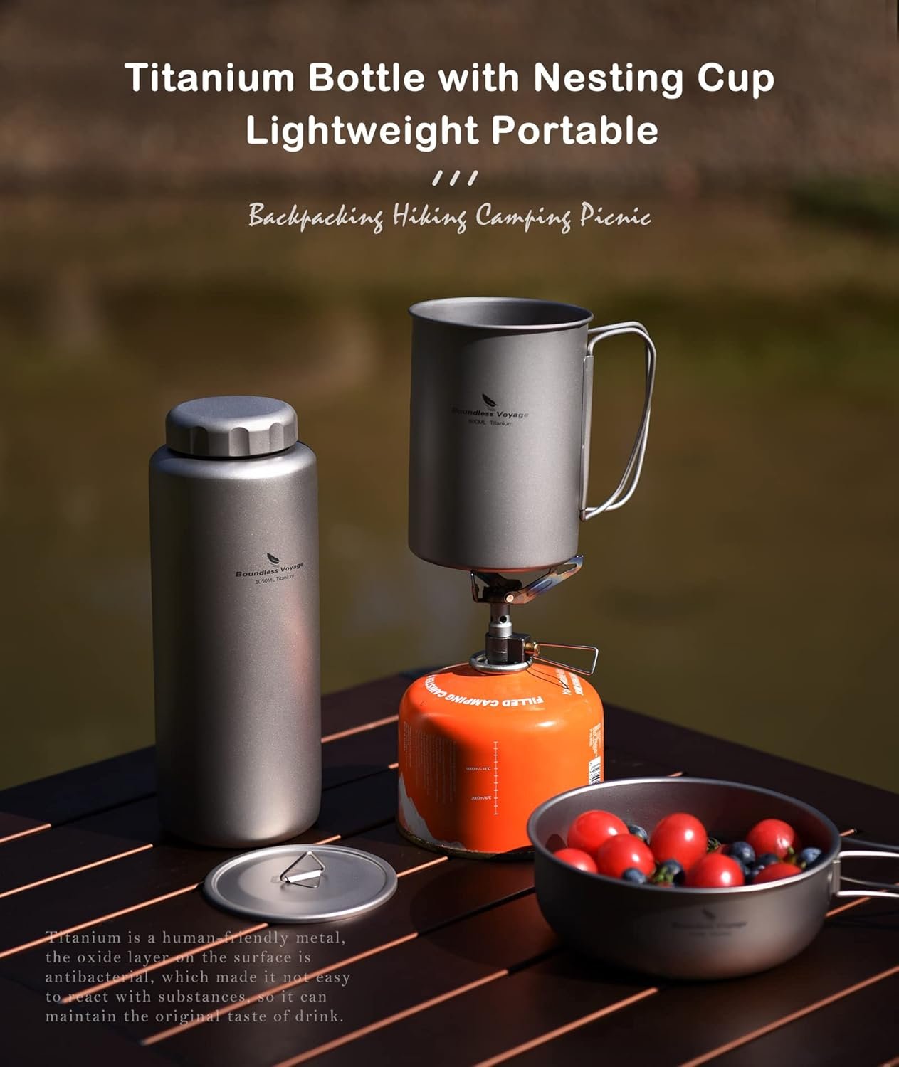 Boundless Voyage Titanium 1050ml Water Bottle with Nesting 600ml Cup Mug Lightweight Portable Drinkware for Outdoor Camping Hiking Backpacking (Bottle+Cup Set)