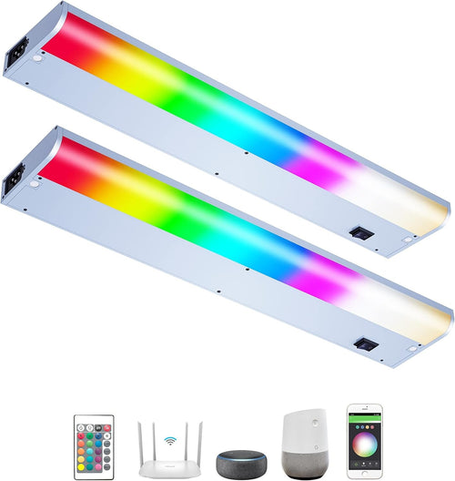 LED Under Cabinet Lighting Hardwired, Smart Adjustable White and RGB Dimmable Lights for Under Cabinets in Kitchen, Compatible with Alexa Google, App Control and Remote Included 2-Pack (2-Bar 24 Inch)
