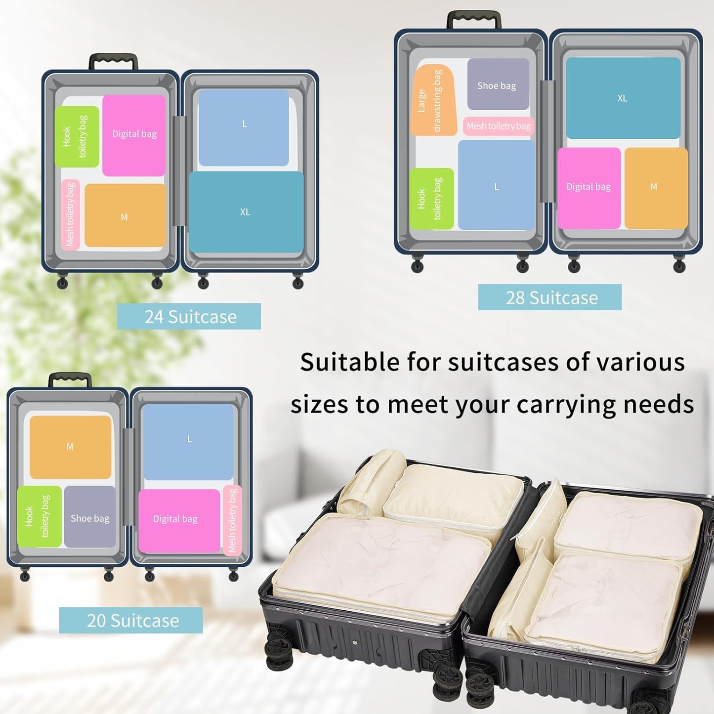 Coolzon Packing Cubes Travel Suitcase Organizer Set of 11, Compression Luggage Organizer Space-Saving for Clothes, Ultralight, Shoes, Underwear, Black, beige