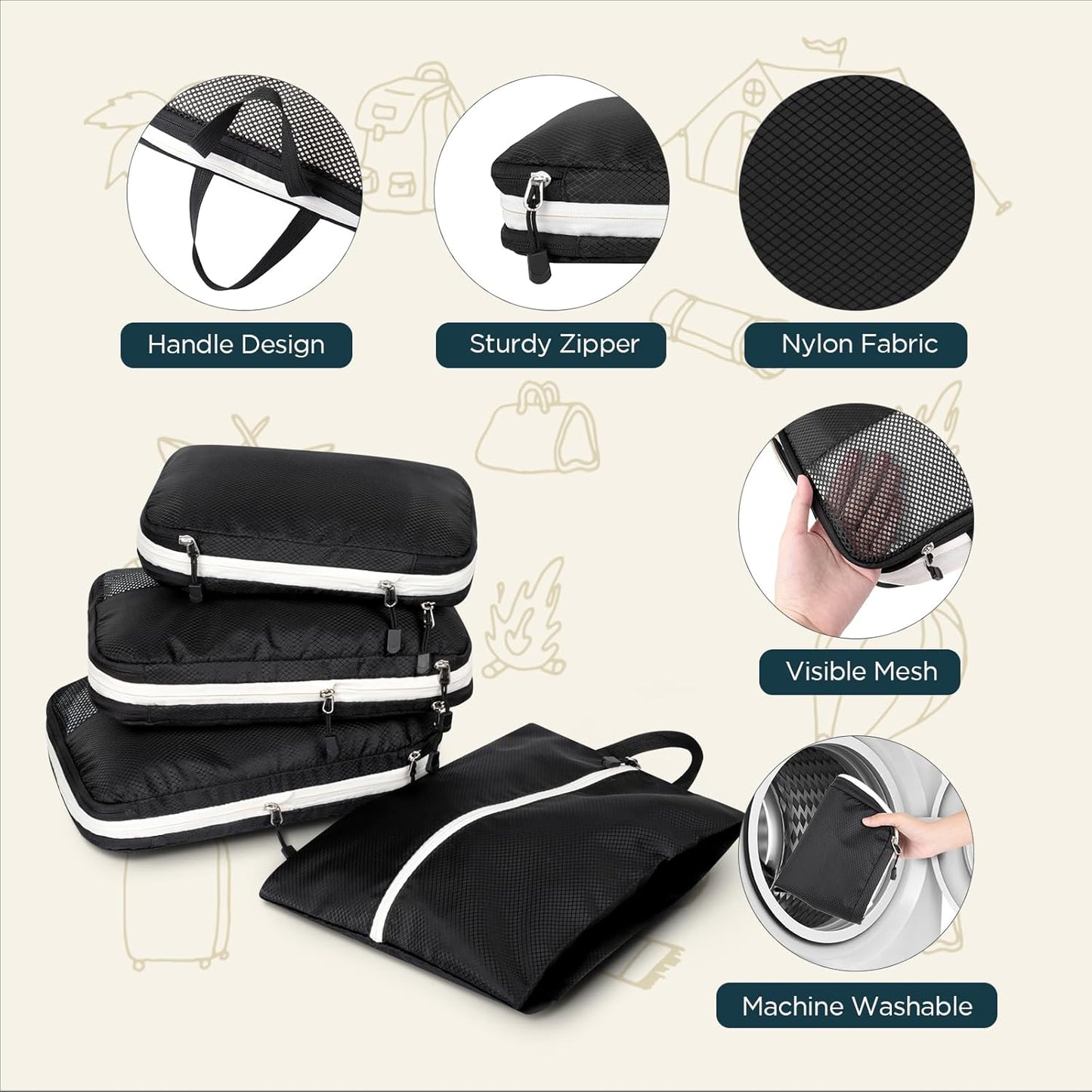 Cozary Set of 4 Double Sided Compression Bags, 3 Compression Cubes 1 Shoe Bag, Compression Packing Cubes Organizer Space-Saving Suitcase for Travel, Hiking and Cruises