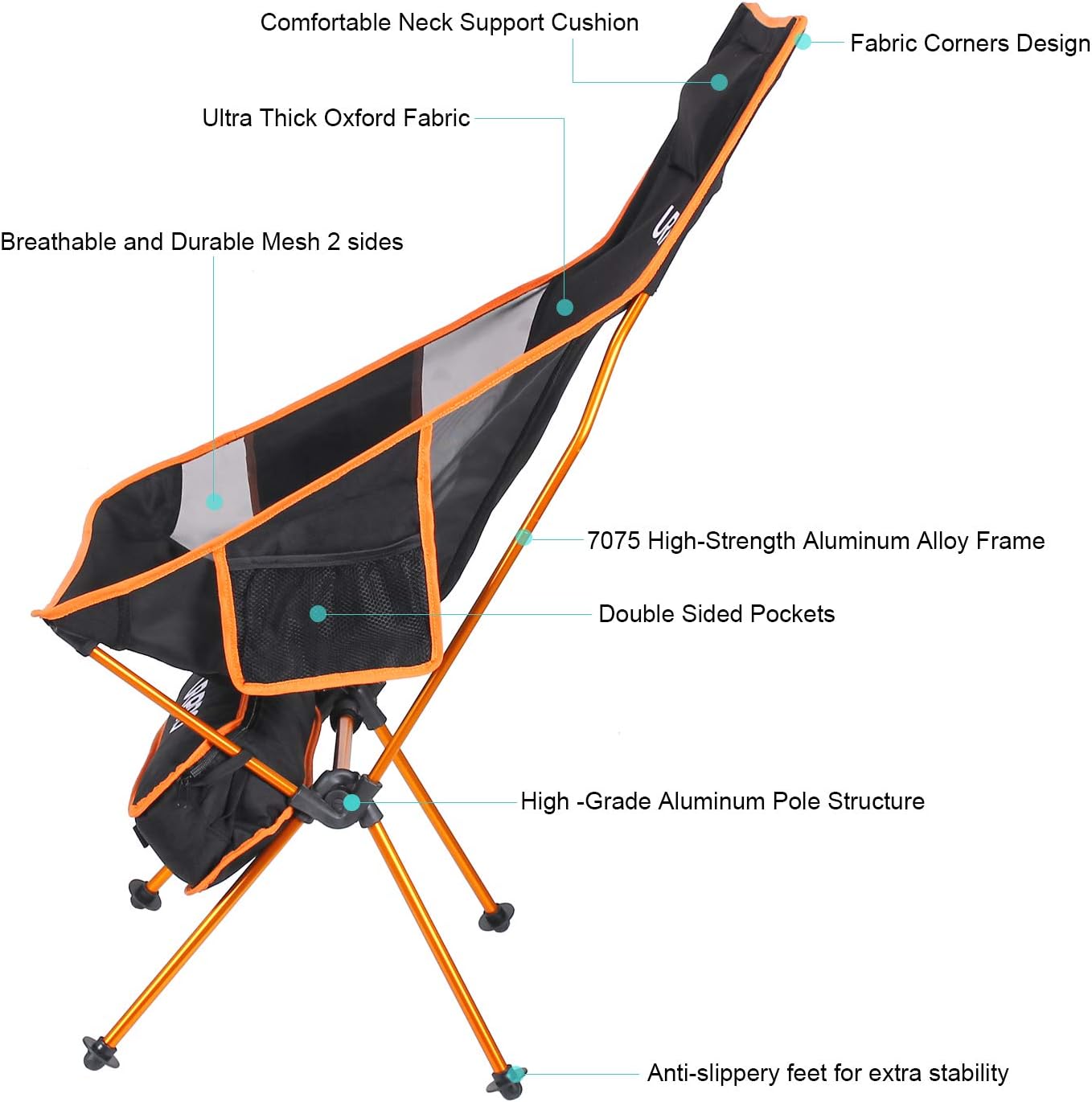 Upgraded Outdoor Camping Chair Portable Lightweight Folding Camp Chairs with Headrest & 2-Sided Pocket High Back for Outdoor Backpacking Hiking Travel Picnic Fishing