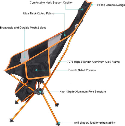 Upgraded Outdoor Camping Chair Portable Lightweight Folding Camp Chairs with Headrest & 2-Sided Pocket High Back for Outdoor Backpacking Hiking Travel Picnic Fishing