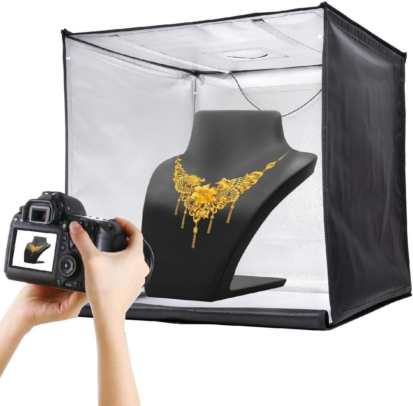 Pro Photo Box 80 x 80 cm | Set of Light Boxes for Product Photography | 3 Bright Temperatures with Light Box, Light Strip, Dimming Button, 5 Waterproof PVC Background