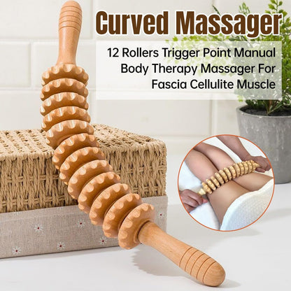 AIMALL Wooden 12-Roller Body Massager Stick for Deep Tissue Relief - Manual Meridian Massager for Neck, Waist, Thighs, Trigger Point Therapy for Fascia and Cellulite
