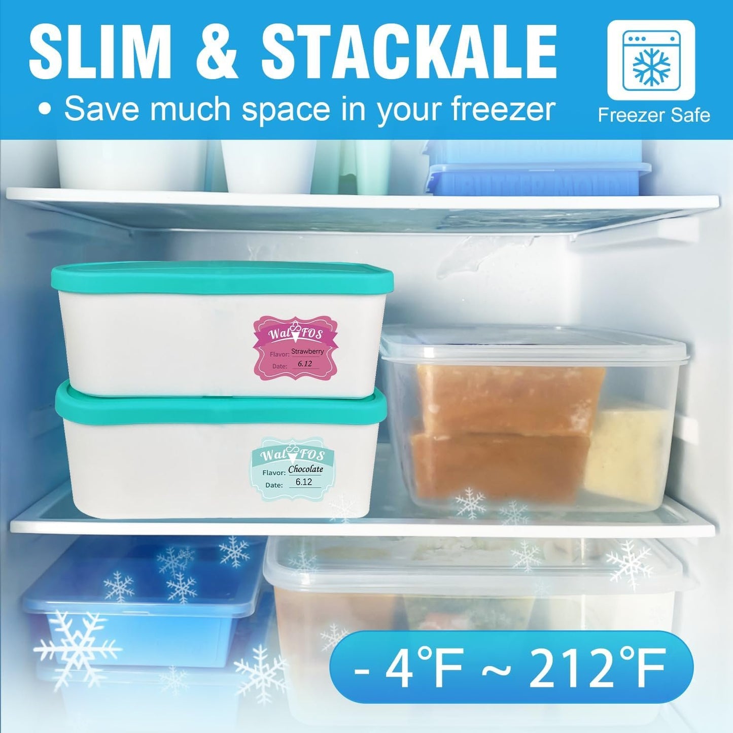 Walfos Ice Cream Containers - 1.6 Quart, Reusable Homemade Ice Cream Tubs with Lids, Stackable Freezer Storage Container for Yogurt, Sorbet, Gelato, Bonus 2 Bands, 12 Stickers, Teal