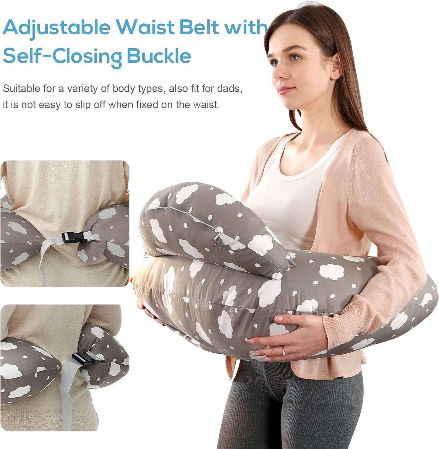 Labtec Nursing Pillow for Breastfeeding, Multifunctional Breast Feeding Pillow with Adjustable Waist Strap and Safety Fence, 100% Cotton Removable Pillowcase, Pregnancy Gift Grey