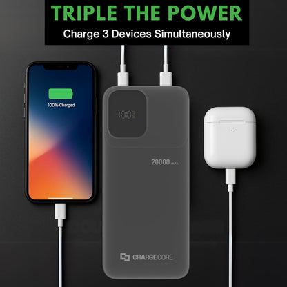 Laser ChargeCore 20000mAh Power Bank, LiFePO4 Battery, LED Display, 20W USB C Fast Charging, Airline Safe, 3 Ports, Includes 3 in 1 Cable for iPhone, iPad, Samsung, Android, Tablet, Switch (Black)