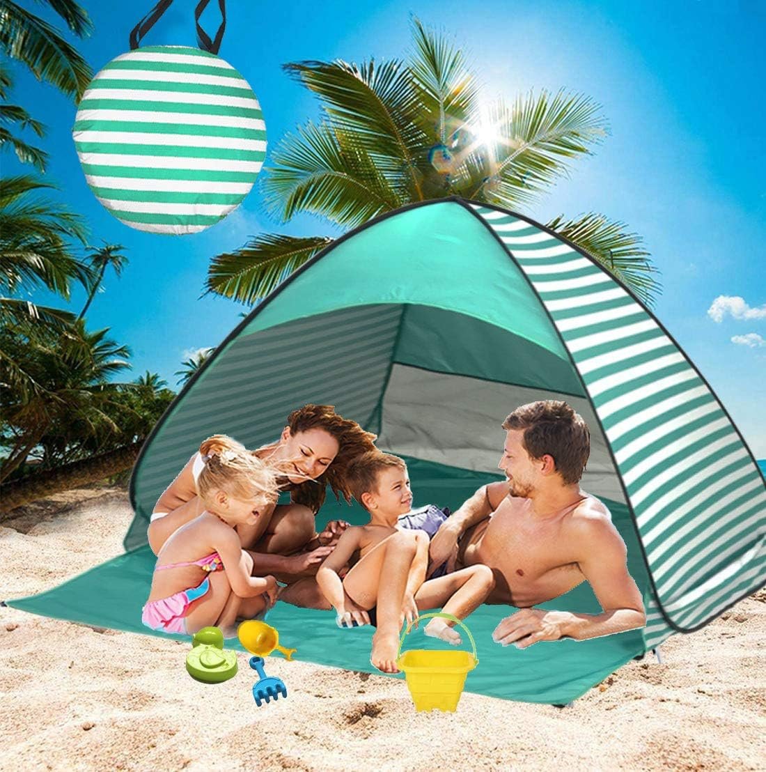 UPF 50+ Easy Pop Up Beach Tent Sun Shelter 3-4 Person Instant Automatic Portable Baby Canopy Cabana Sun Shade Umbrella (Green)