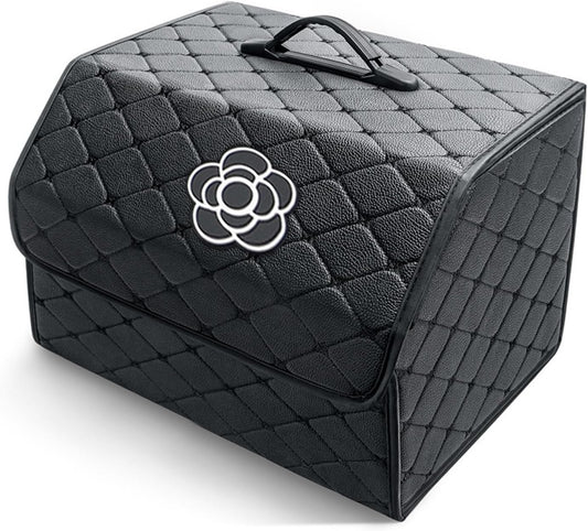 Car Trunk Organizer with Handle, Leather Multipurpose Car Cargo Boot Organiser, Collapsible Storage Box for SUVs & Sedans, Car Boot Tidy Organization for Car Accessories (Black-M)