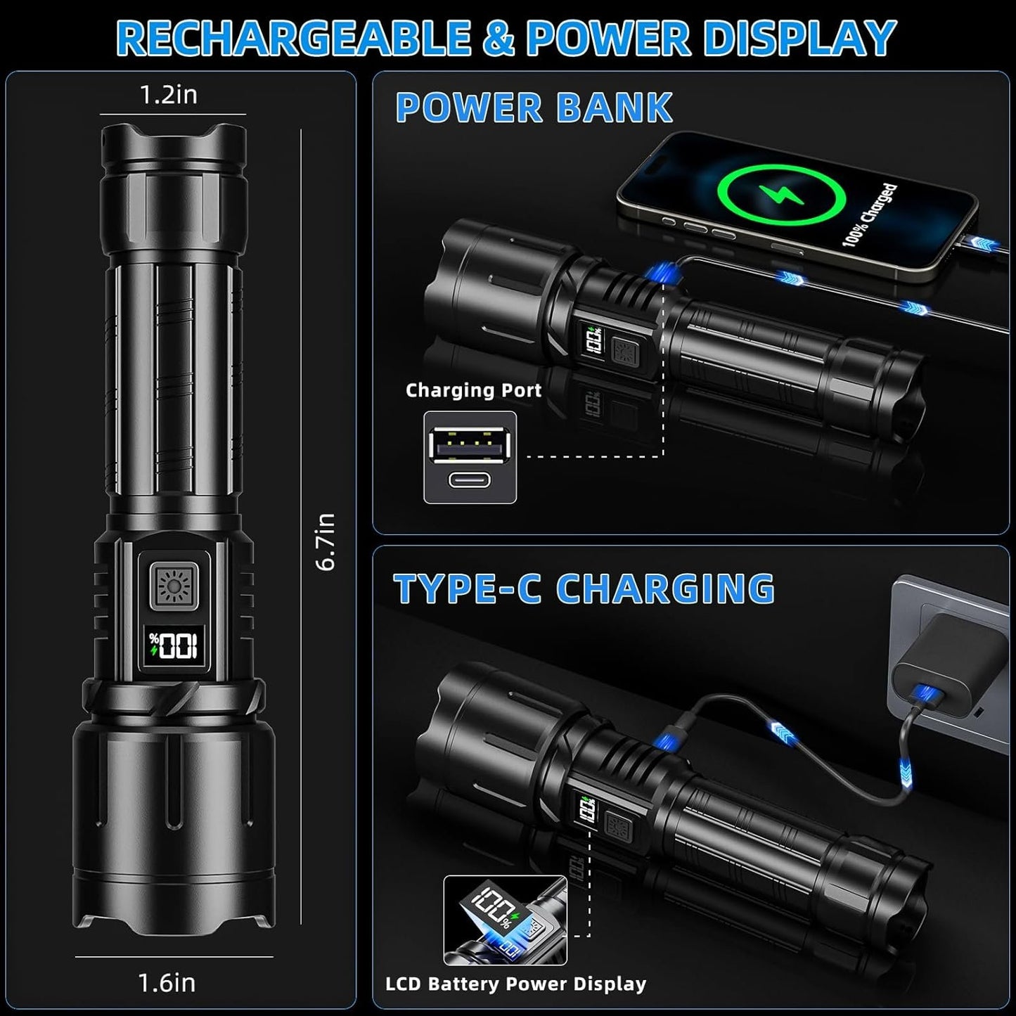Rechargeable Flashlight 990000 High Lumen, Brightest LED Flashlights with IPX7 Waterproof, Zoomable, 4 Lighting Modes Super Bright Flash Light, Tactical Flash Light for Outdoor, Camping, Emergency