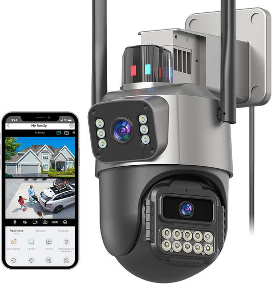 6MP Security Camera Outdoor, Dual Lens PTZ Outside Cameras for Home Security with 3M Cord, IP66 Waterproof, AI Tracking, Light Alarm, Color Night, 2-Way Talk, 24/7 Record,SD/Cloud