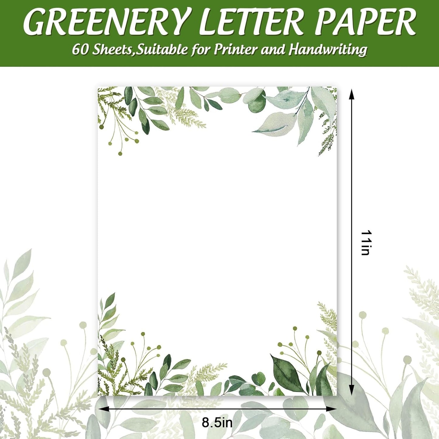 AnyDesign 60 Sheets Greenery Stationery Paper Green Leaf Border Letterhead Paper 8.5 x 11 Inch Watercolor Spring Summer Letter Writing Paper for Notes Greeting Cards Invitation Office School Printing