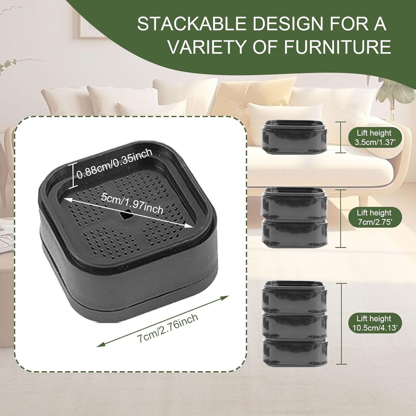 12 Pieces Furniture Riser Feet Furniture Riser Legs Furniture Risers 3.5cm Height Stackable Load Capacity Up to 5000 Lbs Suitable for Sofa, Bed and Table