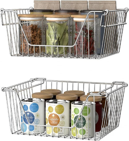 Slideep Large Stackable Storage Baskets Cabinet Organizer Sturdy Metal Wire Pantry Freezer Bin for Pantry Home Bathroom Kitchen Organization 4 Packs