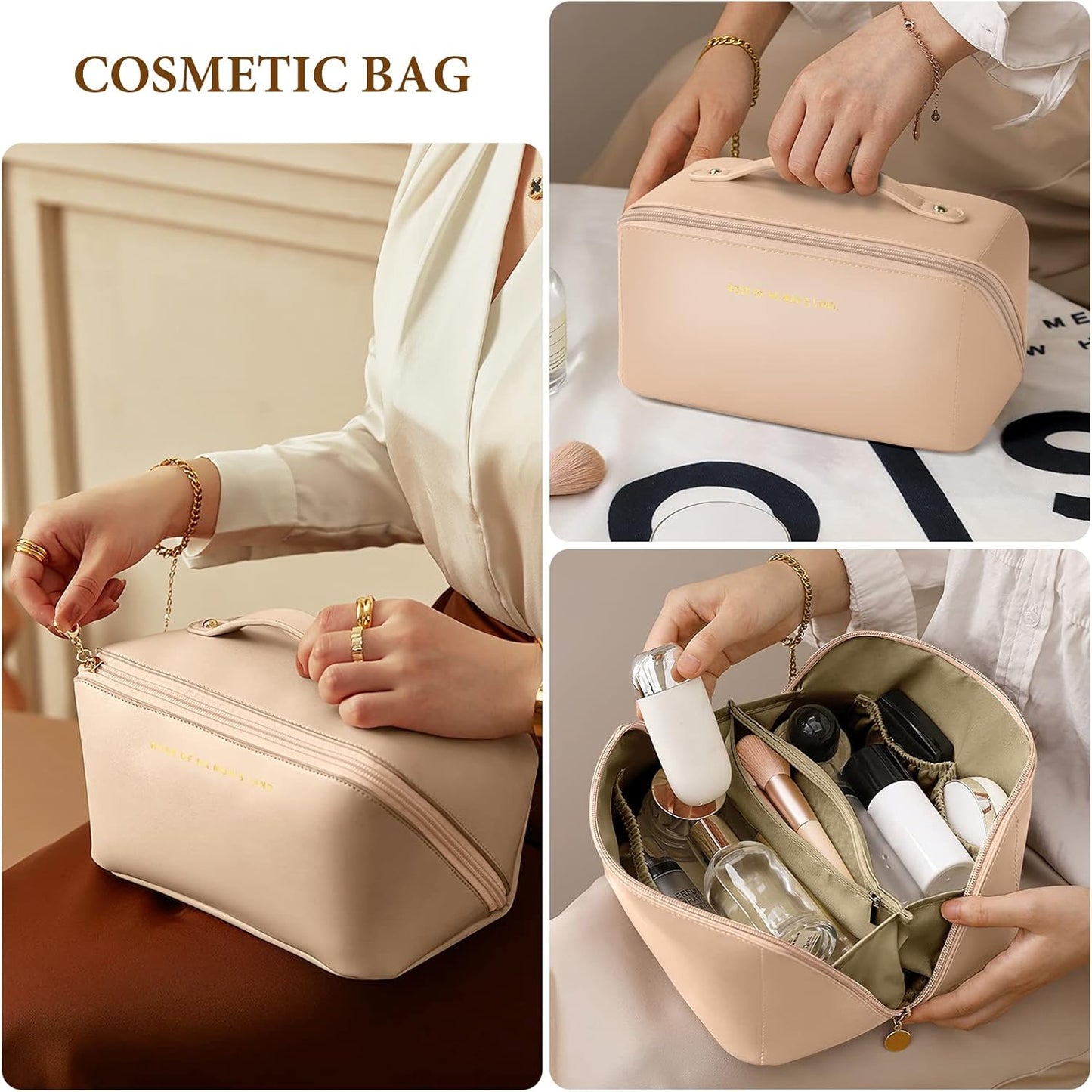 Aucuu Travel Cosmetic Bag, Travel Beauty Case for Women, Travel Cosmetic Bag, Cosmetic Bag for Women, Soft PU Leather, Portable Waterproof Toiletry Bags, #1 Pink-A