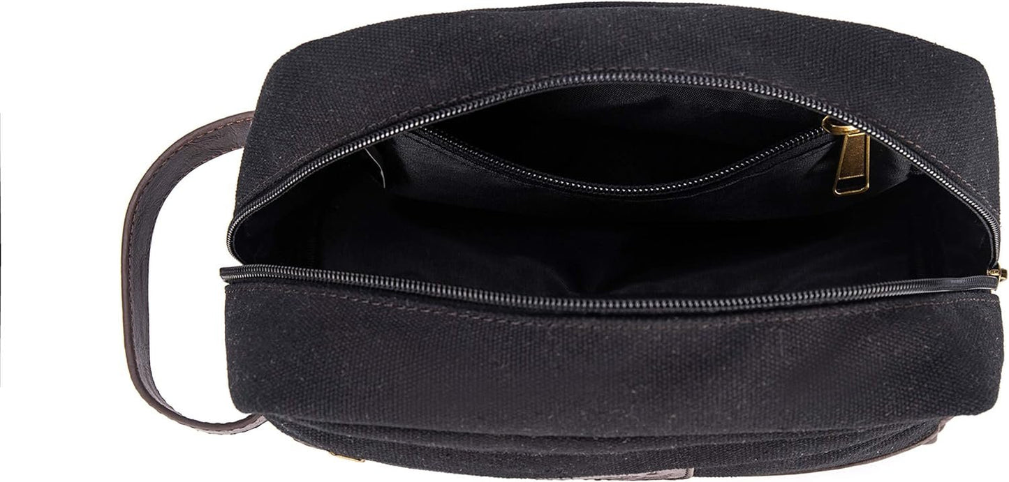 Seemeroad Travel Toiletry Bag for Men and Women, Canvas Toiletry Organizer Water-Resistant Vegan Leather, Hanging Dopp Kit Shaving Bag for Toiletries Accessories (Black, Medium)