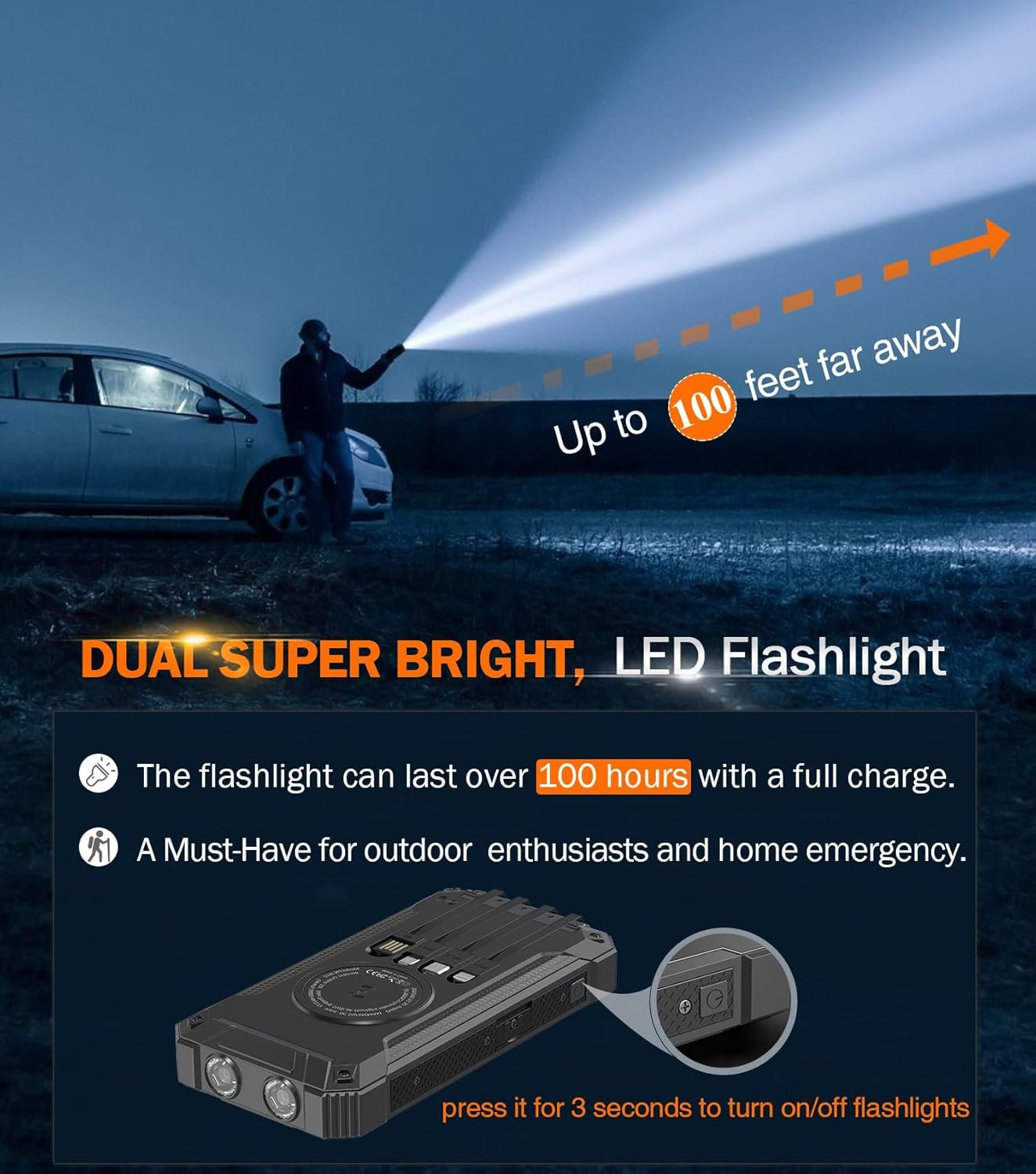 GOODaaa Wireless Solar Power Bank Portable Charger 26800mAh Built in 4 Cables Six Outputs 15W Fast Charging Power Bank for All Mobile Devices Three Inputs Solar Portable Charger with Dual Flashlights