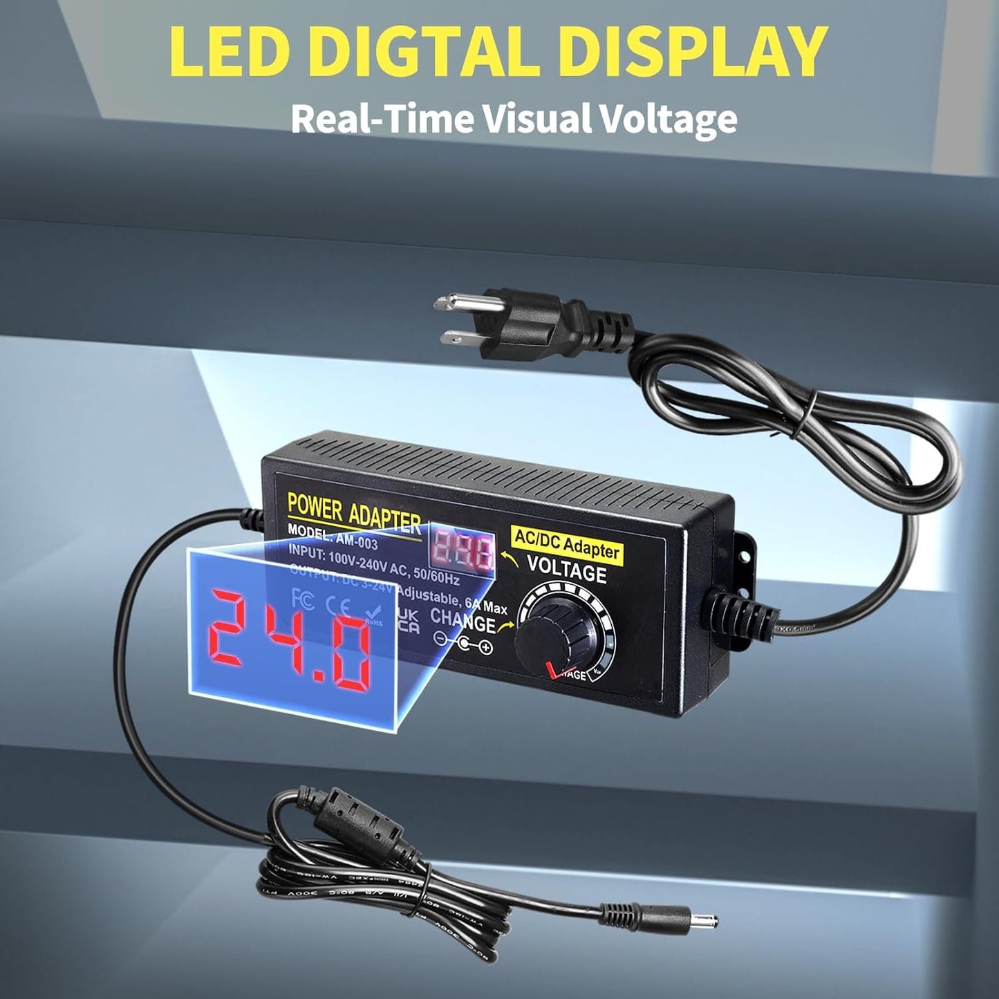 Universal Power Supply Adapter 144W 3V~24V 6A Adjustable Variable Switching Power Adapter 100V-240V AC to DC Converter Transformer with 14 Tips&Polarity Converter3V 5V 6V 9V 12V 15V 16V 18V 19V 20V24V