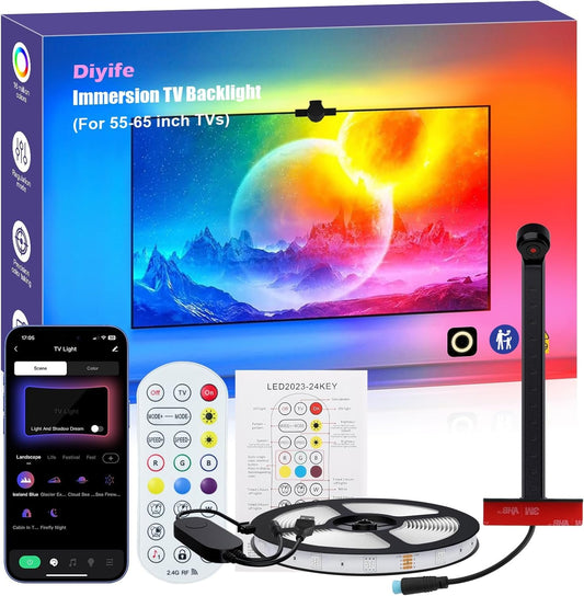 Diyife TV Backlight, 13.12ft LED TV Backlight Strip with AR Sensor Sync to 55-65 inch TVs Screen & Music, RGB Multiple Colors Changing, Work with Camera, Remote, Bluetooth, Smart App Control