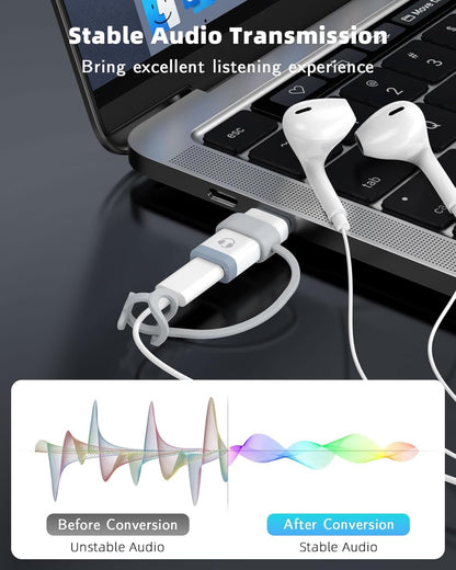 MoKo Lightning to USB C Adapter Audio Support Line Control, Lightning to USB C Adapter for Headphones for iPhone 16/15 Pro Max Plus, iPad Air/Pro/Mini, Not for Charging/Data Transfer, White