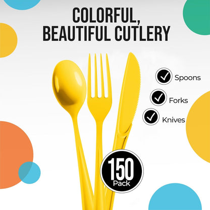 Yellow Plastic Silverware Heavy Duty 150 Pcs Yellow Plastic Cutlery Sets, Utensil Sets, 50 Of Each Forks, Knives & Spoons Disposable Cutlery Set, Flatware Set For Party Supplies Party Solids