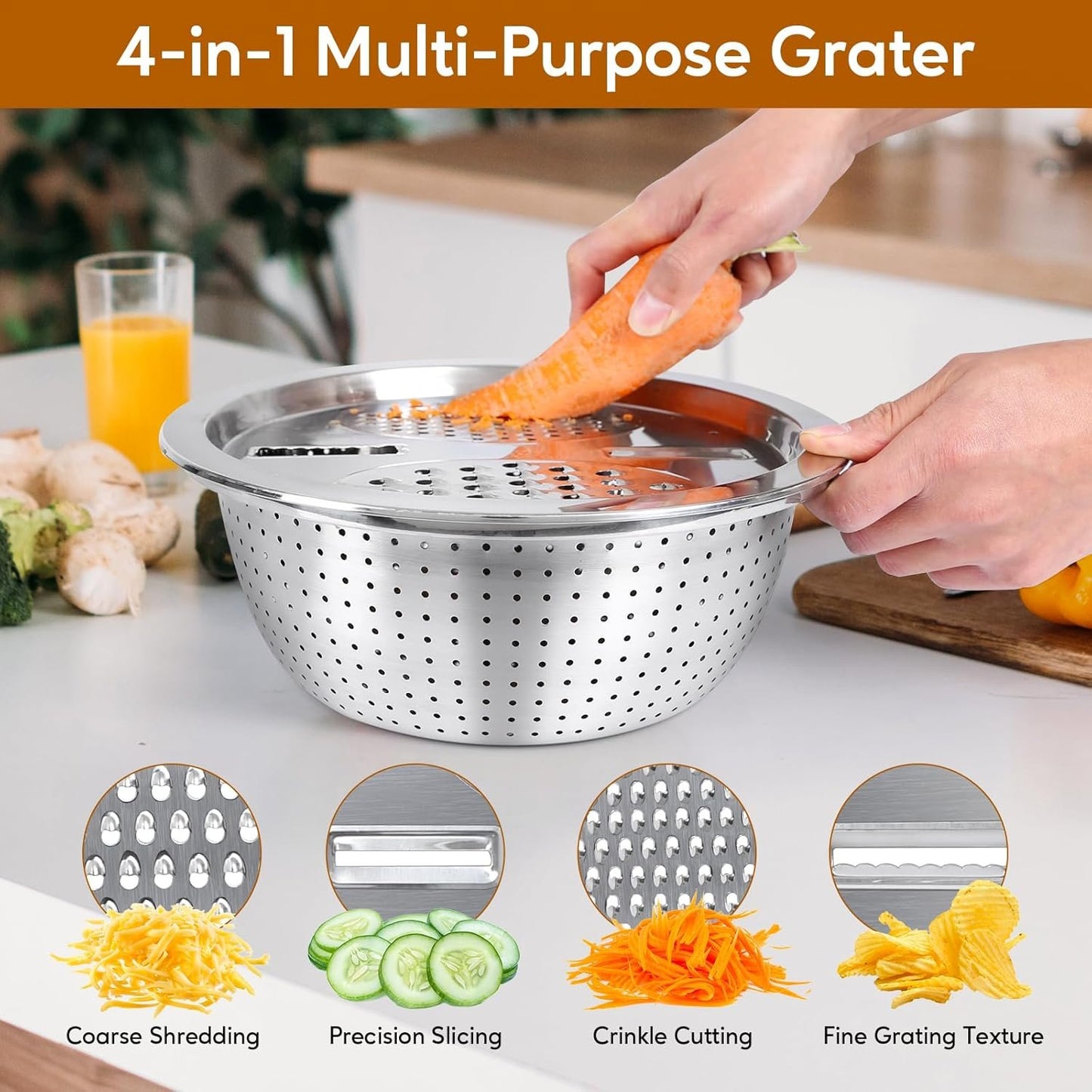 Stainless Steel Mixing Bowls with Lids–Nesting Set with Airtight Lids, Colander & Grater for Kitchen Prep, Cooking & Baking,Non-Slip|Bols à mélanger en Acier inoxydable, antidérapants,Black