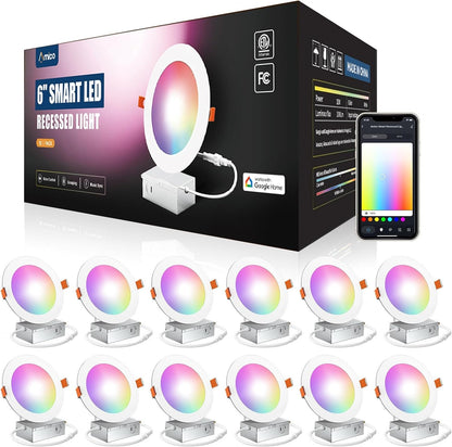 Amico 12 Pack 6 Inch Smart LED Recessed Lighting, WiFi Canless Wafer Downlight with Junction Box, RGB & 2700-6500K Color Changing, 12W=110W 1000LM, Voice&Remote&Group Control