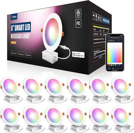 Amico 12 Pack 6 Inch Smart LED Recessed Lighting, WiFi Canless Wafer Downlight with Junction Box, RGB & 2700-6500K Color Changing, 12W=110W 1000LM, Voice&Remote&Group Control