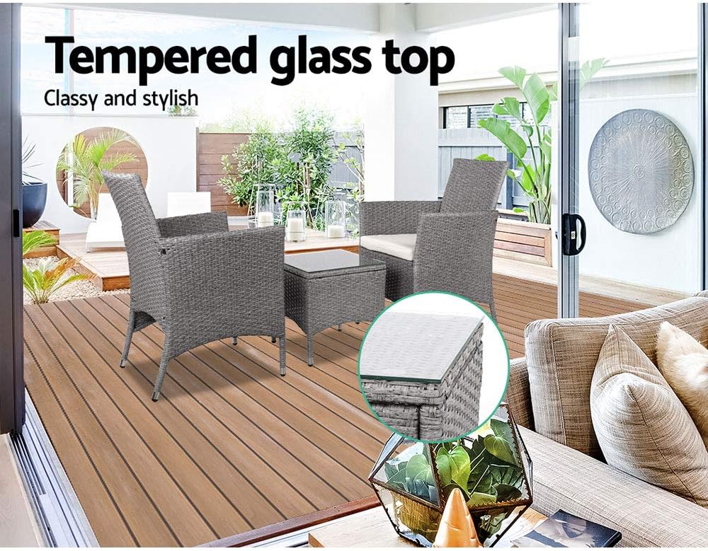 Gardeon 3pcs Wicker Patio Furniture, Bistro Set Table and Chairs Outdoor Lounge Setting Conversation Sets Dining Chair Garden Backyard, Cushion with Rattan Coffee Table Glass Tabletop Grey