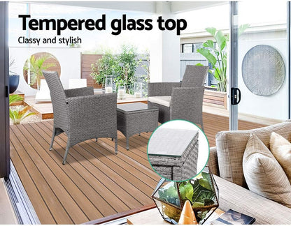 Gardeon 3pcs Wicker Patio Furniture, Bistro Set Table and Chairs Outdoor Lounge Setting Conversation Sets Dining Chair Garden Backyard, Cushion with Rattan Coffee Table Glass Tabletop Grey