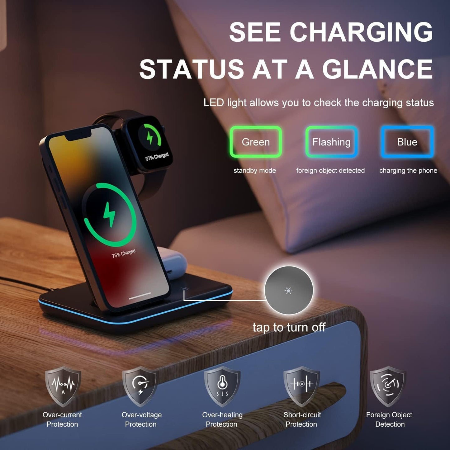 Minthouz 3 in 1 Wireless Charger (18W QC3.0 Adapter Included),15W Fast Wireless Charging Station for Smart Phone/iWatch/TWS Earphones, Compatible with iPhone 15 14 13 12 11 X8 Series, Samsung S22-S21+