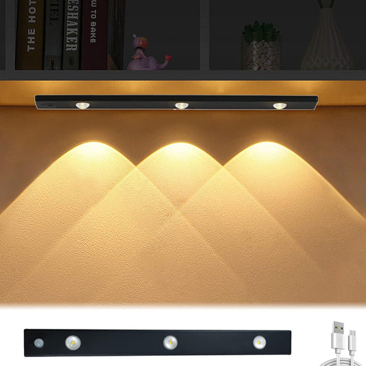 Under Cabinet Lighting, 3 Colors Dimmable Wireless Motion Sensor Closet Lights, Magnetic LED Motion Sensor Light Bar, Rechargeable Under-Counter Light for Kitchen Closet (Black-Acrylic)