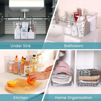 Feshory 4 Pack Extra Large Clear Pantry Storage Containers Organiser(XL) for Closet, Pantry, Under Sink, Bathroom - Plastic Storage Bins with Handle for Cupboard Kitchen & Home Organisation