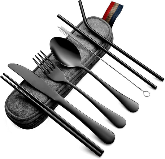DEVICO Portable Utensils, Travel Camping Cutlery Set, 8-Piece Including Knife Fork Spoon Chopsticks Cleaning Brush Straws Portable Case, Stainless Steel Flatware Set (Black)